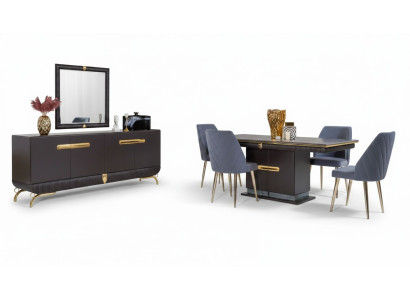 Juego de comedor de acero inoxidable con mesa de comedor de diseño, 4 sillas y aparador de 7 piezas.