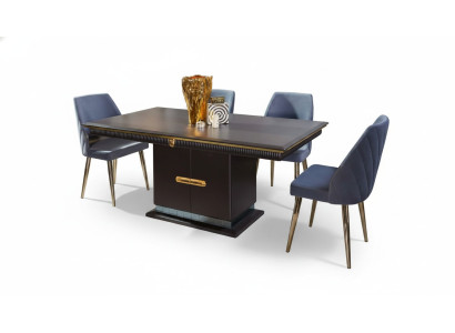 Juego de comedor de lujo de acero inoxidable. Mesa de comedor moderna con 4 sillas tapizadas.