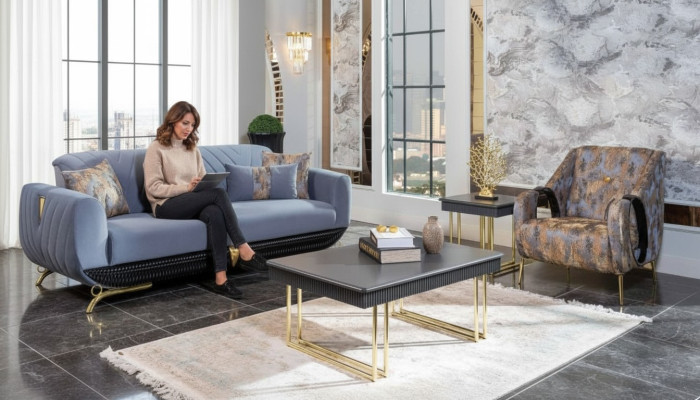Muebles de salón tapizados modernos de diseñador. Sillón azul de tres plazas, 4 piezas.