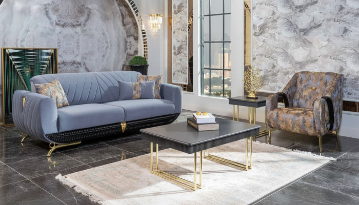 Muebles de salón tapizados modernos de diseñador. Sillón azul de tres plazas, 4 piezas.