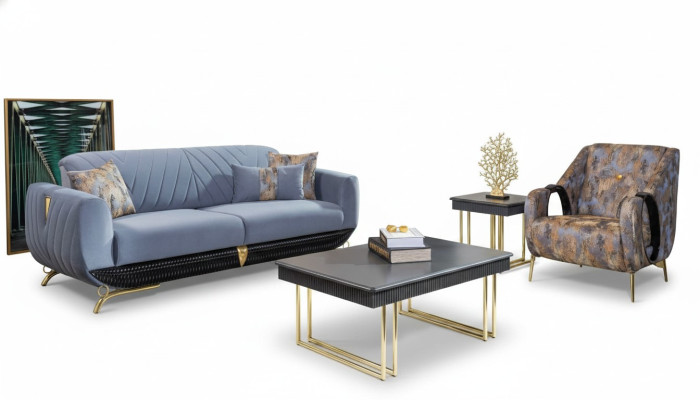 Muebles de salón tapizados modernos de diseñador. Sillón azul de tres plazas, 4 piezas.