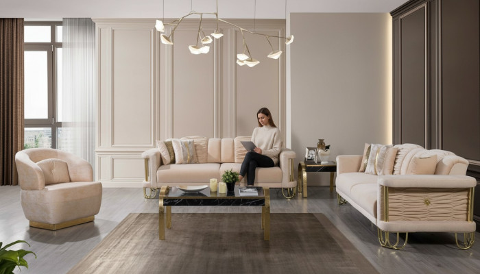 Moderno conjunto de sofás beige 3+3+1 asientos, silla tapizada de diseñador, muebles.