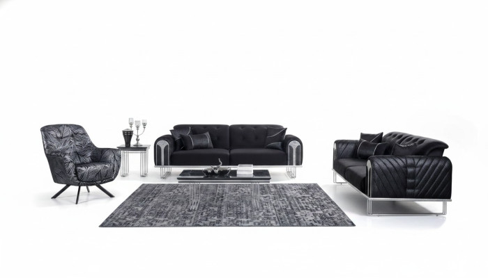Juego de sofás 2x3 plazas en negro para la sala de estar con sillones tapizados de diseñador.