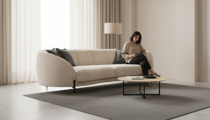 Sofá tapizado de tela en beige, diseño de 4 plazas, muebles de diseño de sofá nuevos.
