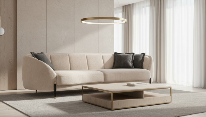 Sofá tapizado de tela en beige, diseño de 4 plazas, muebles de diseño de sofá nuevos.