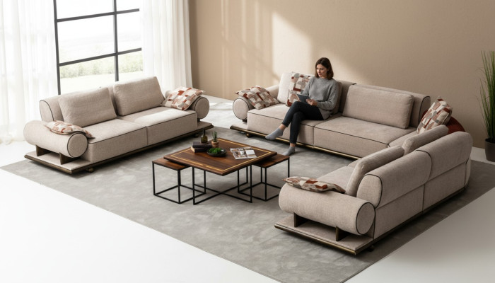 Sofá de tela Sofá de esquina de diseño moderno Forma de L Beige Nuevo
