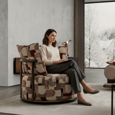 Moderno sillón multicolor, diseño de sofá, asiento de lujo, tela de relajación de salón acolchado.