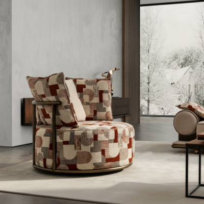 Moderno sillón multicolor, diseño de sofá, asiento de lujo, tela de relajación de salón acolchado.