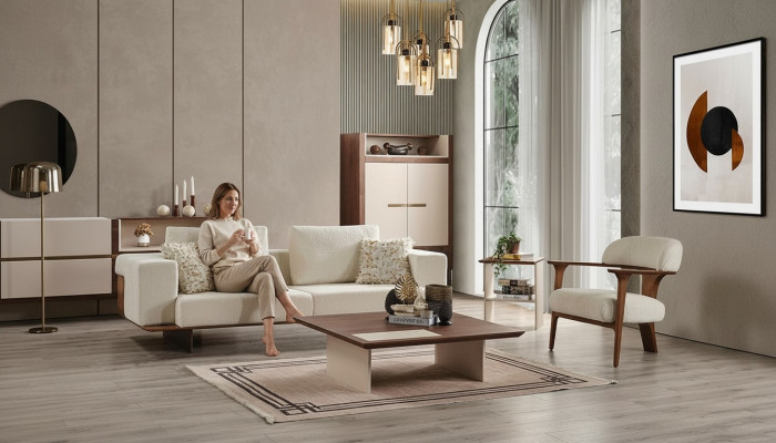 Moderno conjunto de sofá blanco de 3 plazas y 1 plaza en textil y madera, juego completo de sillones nuevo