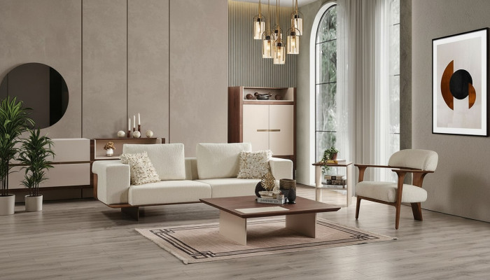 Moderno conjunto de sofá blanco de 3 plazas y 1 plaza en textil y madera, juego completo de sillones nuevo