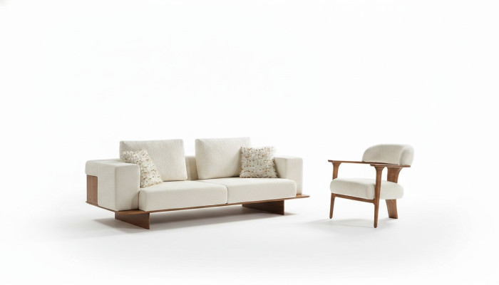 Moderno conjunto de sofá blanco de 3 plazas y 1 plaza en textil y madera, juego completo de sillones nuevo