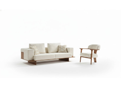 Moderno conjunto de sofá blanco de 3 plazas y 1 plaza en textil y madera, juego completo de sillones nuevo