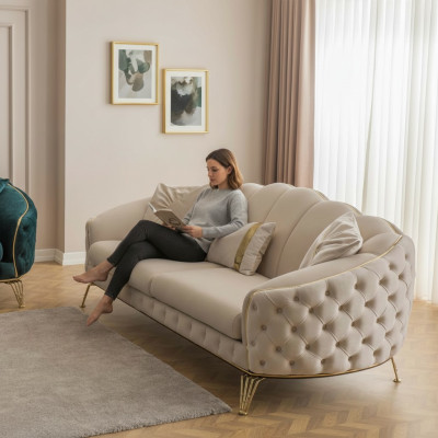 Moderno juego de sofás Chesterfield beige para la sala de estar x2 de 3 plazas y sillones tapizados.