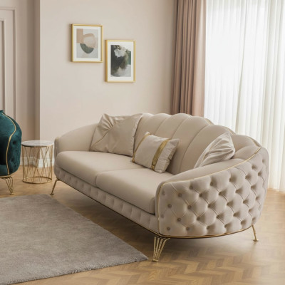 Moderno juego de sofás Chesterfield beige para la sala de estar x2 de 3 plazas y sillones tapizados.