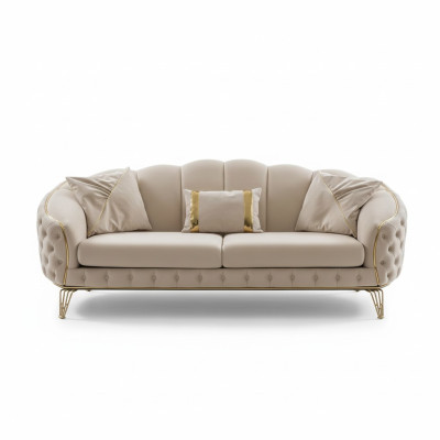 Moderno juego de sofás Chesterfield beige para la sala de estar x2 de 3 plazas y sillones tapizados.