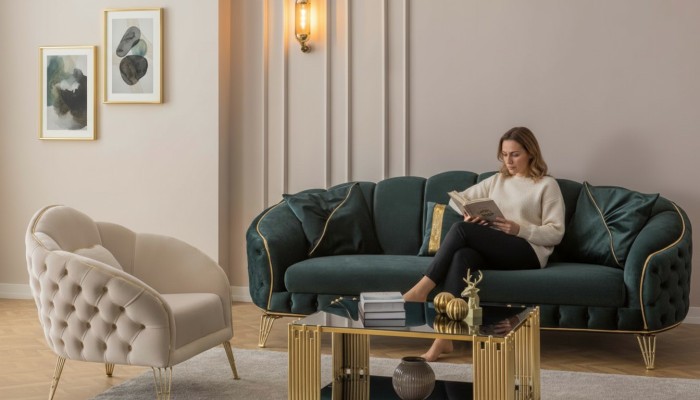 Conjunto de sala de estar moderna Sofá de 3 plazas Sillón de tela Sillón Sala de estar Nuevo