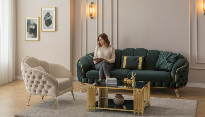 Elegante Sala de estar Completa con sofá de tres plazas de lujo y 2 sillones.