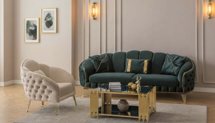 Elegante Sala de estar Completa con sofá de tres plazas de lujo y 2 sillones.