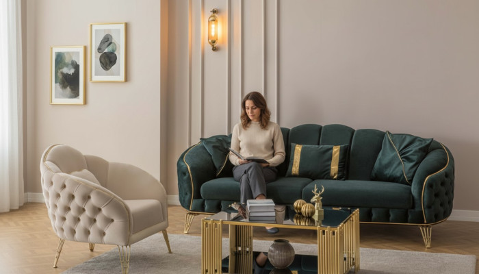 Sala de estar completa de 3 piezas con estilo: sofá de tres plazas, lujoso, 2 sillones.