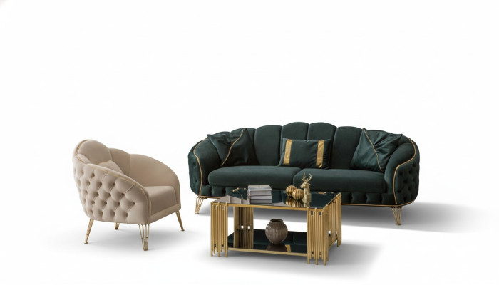 Sala de estar completa de 3 piezas con estilo: sofá de tres plazas, lujoso, 2 sillones.