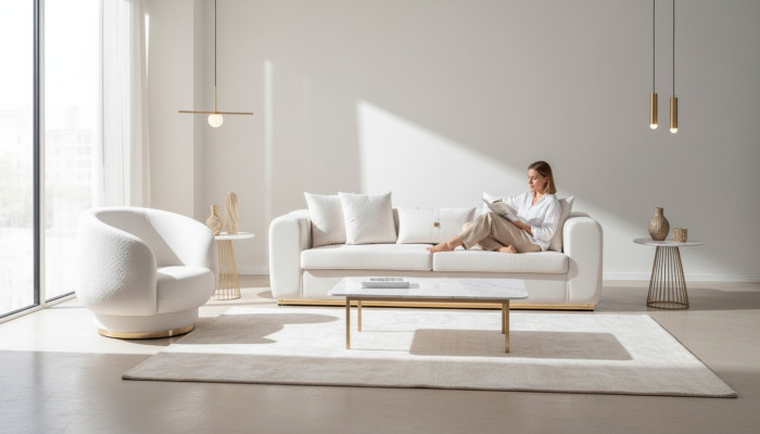Conjunto de sofás para la sala de estar blanco Juego de muebles tapizados de 4 plazas Sofá de tela Sillón reclinable de 2 piezas