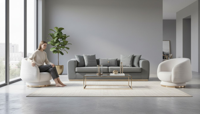 Salón gris y blanco Juego de asientos de lujo Sofás tapizados de 4 plazas Sillón