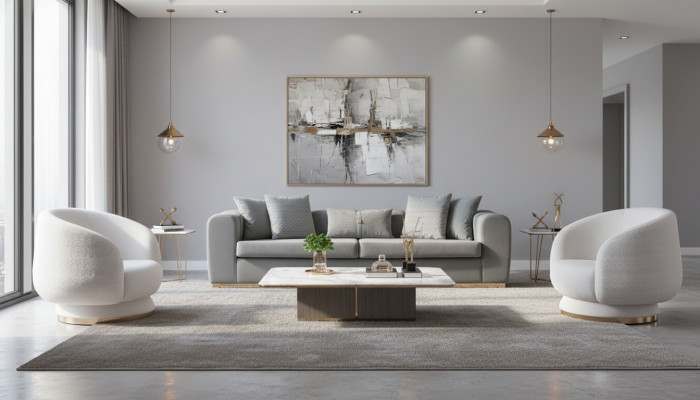 Salón gris y blanco Juego de asientos de lujo Sofás tapizados de 4 plazas Sillón