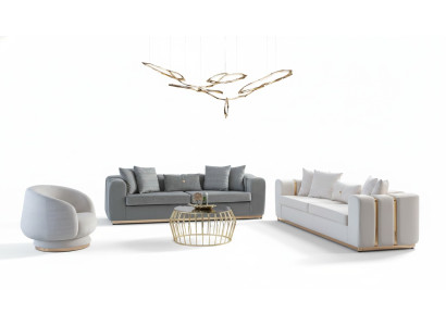 Muebles tapizados blancos y grises. Lujoso juego de sofás de acero inoxidable de 4 plazas, 3 piezas.
