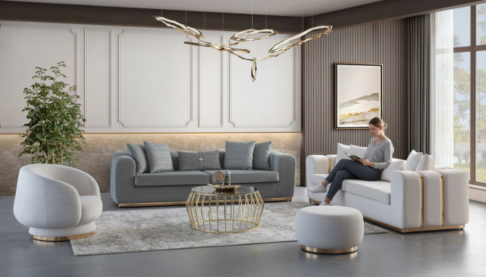 Sofás tapizados para sala de estar en gris y blanco Sillón de diseñador de lujo para 4 personas Muebles