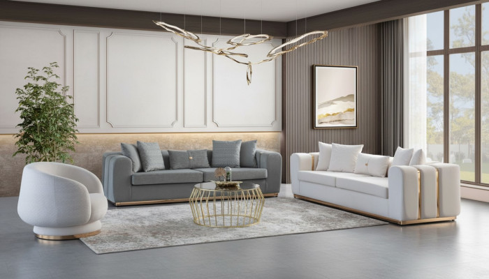 Sofás tapizados para sala de estar en gris y blanco Sillón de diseñador de lujo para 4 personas Muebles