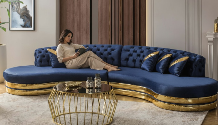 Sofá Chesterfield azul semicircular diseñador Sillón blanco 2 piezas conjunto nuevo