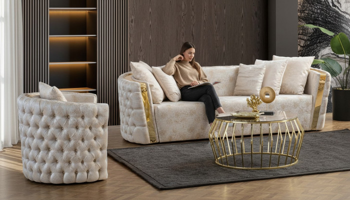 Chesterfield beige Sofás de salón Acero inoxidable de 3 plazas Lujo de 1 plaza