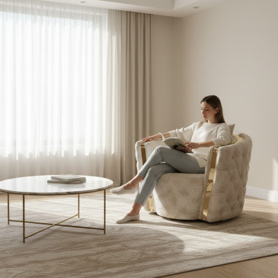 Sillón Chesterfield blanco de lujo con 2 asientos redondos acolchados de una plaza.