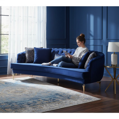 Sofá Chesterfield azul de 4 plazas de diseño, semicircular, nuevo y elegante.