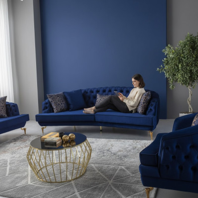 Conjunto de sofás azules modernos Lujosos sillones de tela de cuatro plazas