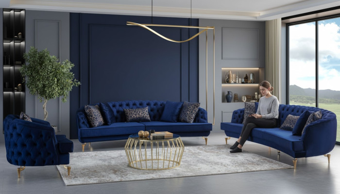 Moderno conjunto de sofás Chesterfield azules tapizados de 4 plazas con sillón.
