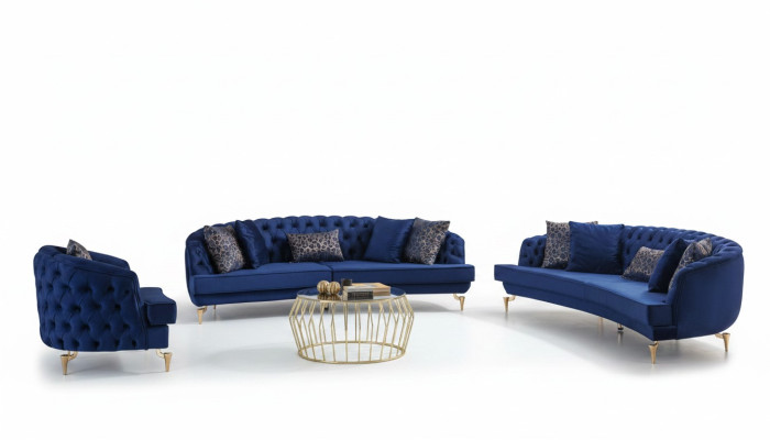 Moderno conjunto de sofás Chesterfield azules tapizados de 4 plazas con sillón.
