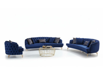 Moderno conjunto de sofás Chesterfield azules tapizados de 4 plazas con sillón.