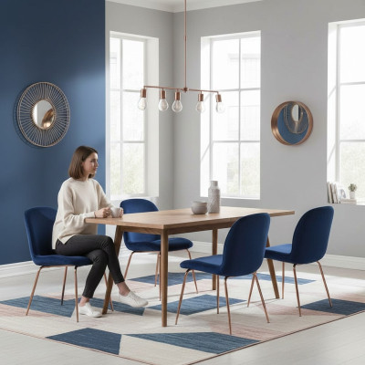Conjunto de comedor azul de 6 sillas con tapizado de tela.