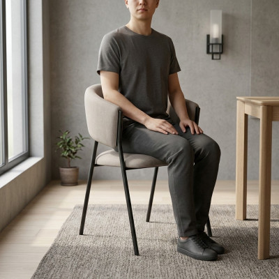 Silla de comedor de color gris claro, asiento acolchado del diseñador, armazón de metal, de una plaza.