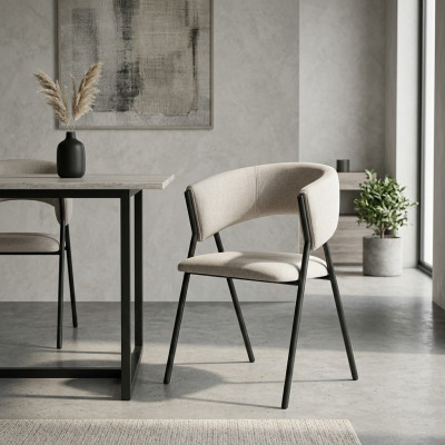 Silla de comedor de color gris claro, asiento acolchado del diseñador, armazón de metal, de una plaza.