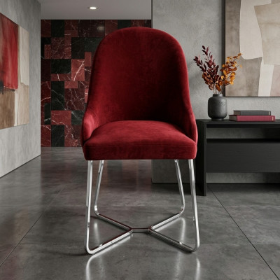 Silla de comedor roja, silla de cocina de diseñador, lujoso sillón de acero inoxidable.