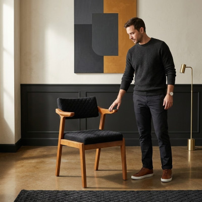 Sillón marrón-negro de una plaza con reposabrazos, sillas de comedor de diseñador nuevas.