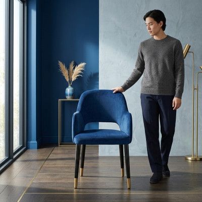 Silla de comedor acolchada azul con marco de madera de diseño moderno.