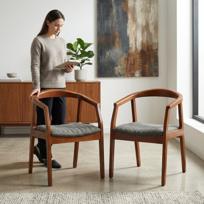 Silla marrón diseño sala de estar comedor madera 2 sillas tapizadas con reposabrazos