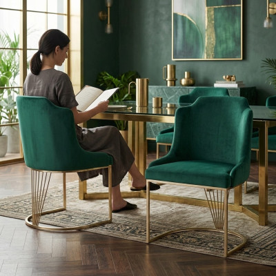 Silla de comedor verde de diseñador, 2 sillas de lujo, silla individual moderna de comedor