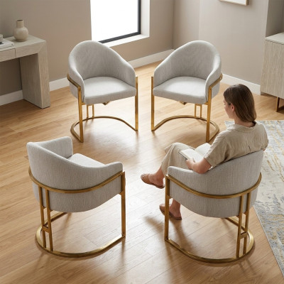 Modernos 4 sillas tapizadas de comedor de metal blanco elegantes.