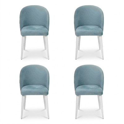 Moderno comedor de madera con 4 sillas azules sin apoyabrazos, diseño nuevo, silla tapizada.