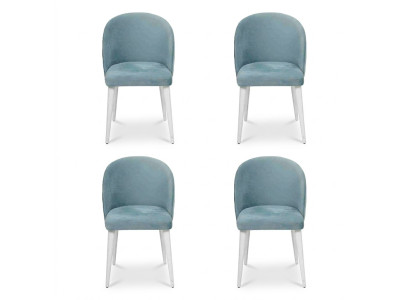 Moderno comedor de madera con 4 sillas azules sin apoyabrazos, diseño nuevo, silla tapizada.