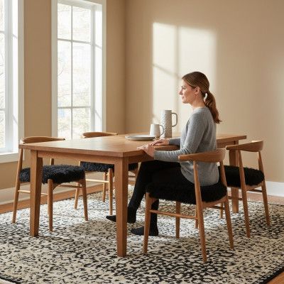 Comedor de lujo de madera con 6 sillas marrones sin apoyabrazos diseño de silla acolchada.